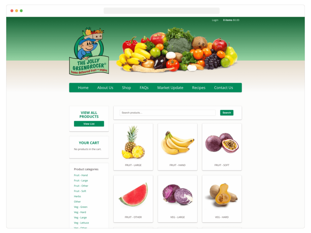 Screenshot of the Jolly Greengrocer's Store UI design